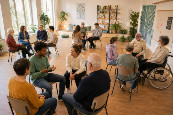 Menschen sitzen in einem Raum und sprechen