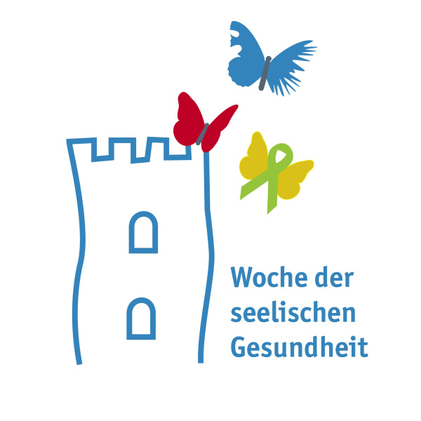  Logo der „Woche der seelischen Gesundheit“ mit stilisiertem blauem Leuchtturm, drei bunten Schmette