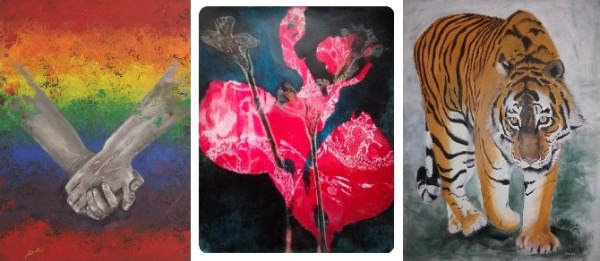 Hände, die sich greifen, eine pinke Blume und ein Tiger - drei Werke aus der Ausstellung 